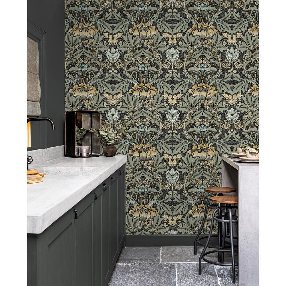 Charcoal and Goldenrod Acanthus Floral Peel and Stick Wallpaper