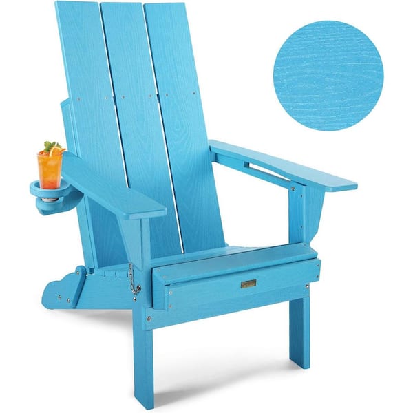 Mximu Oversized Blue HDPE Outdoor Plastic Folding Adirondack Chair with Cup Holder (Set of 1)