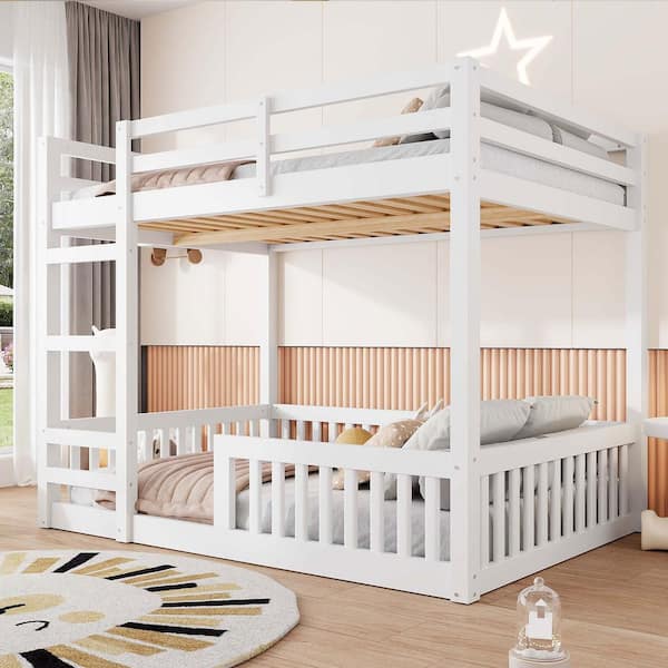 White Full Over Full Wood Bunk Bed with Guardrails and Ladder
