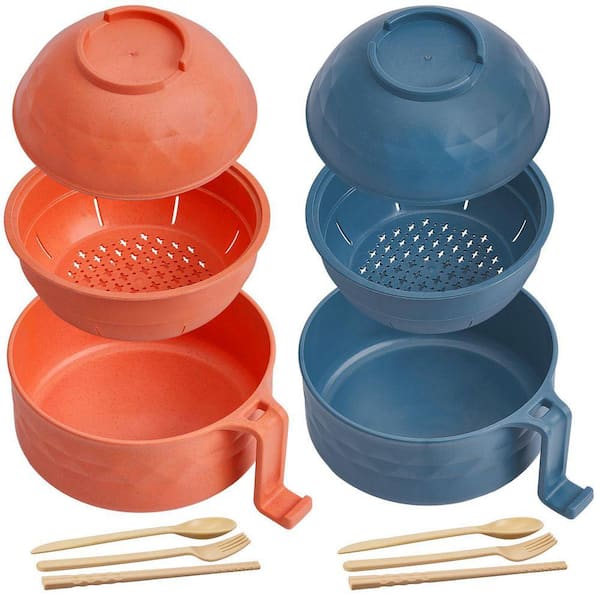 2 Set Microwave Ramen Cooker Bowl 33 oz. Wheat Fiber Orange Blue with Handles Strainer Spoon Chopsticks Fork