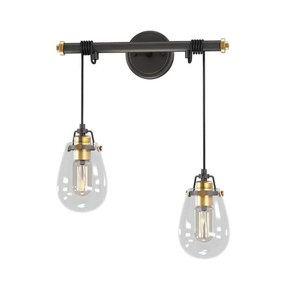 Ontario 16.5 in. 2 Light Black and Antique Gold Vanity Light Fixture with Adjustable Wire and Clear Glass Shade