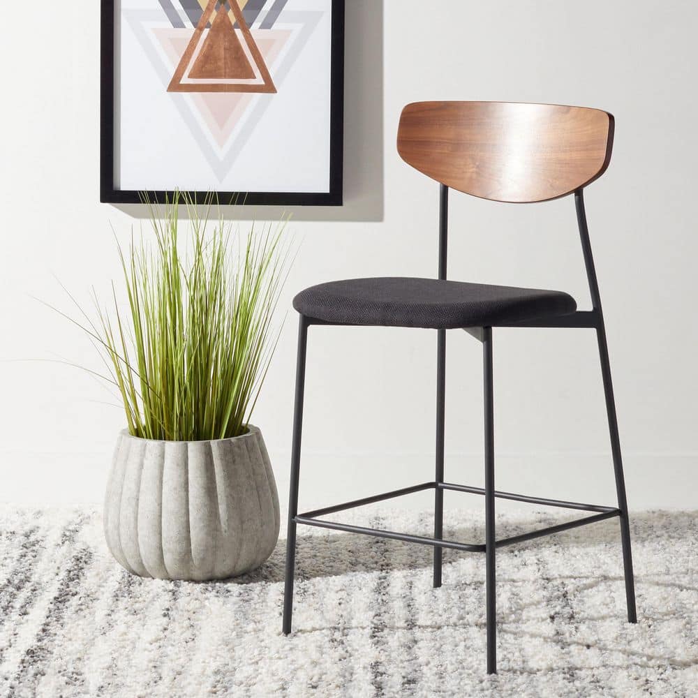 Retro-Chic Walnut & Black Leather Saddle Style Counter Stool