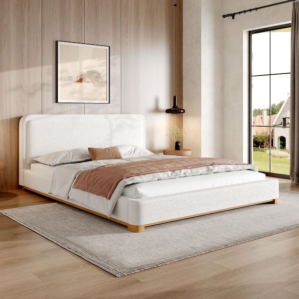 White Wood Frame Queen Size Soft Boucle Upholstered Platform Bed with Solid Rubber Wood Base and Legs