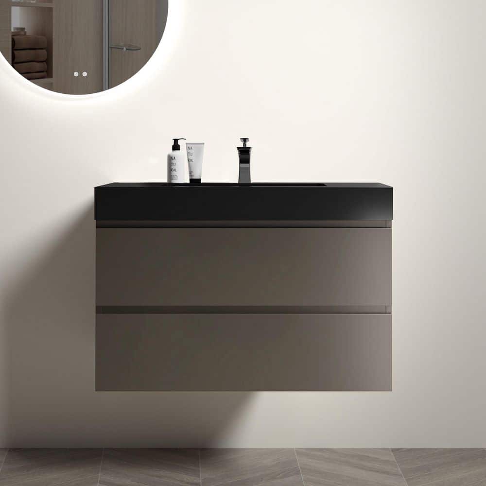 36 in. W x 18 in. D x 25 in. H Single Sink Floating Bath Vanity in Gray with Black Solid Surface Top price history on PriceWatchPro