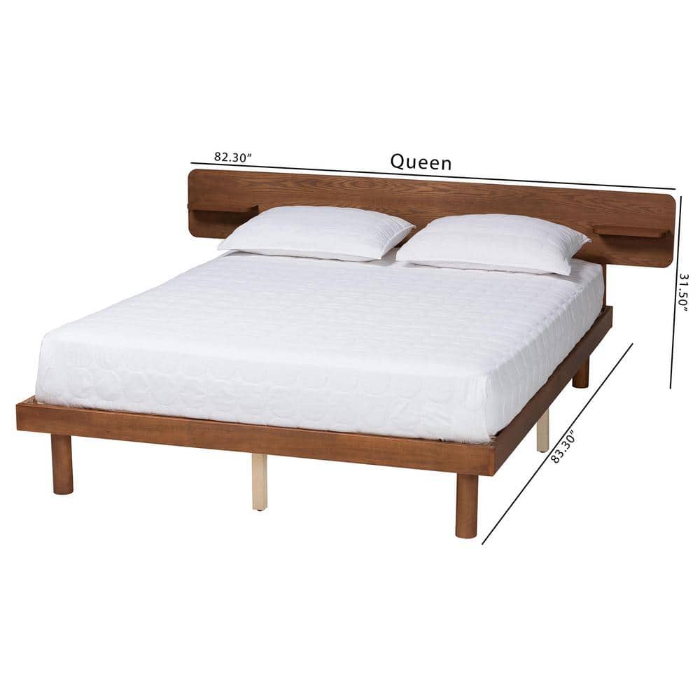 Morana Queen Walnut Brown Wood Platform Bed with Built-In Shelves