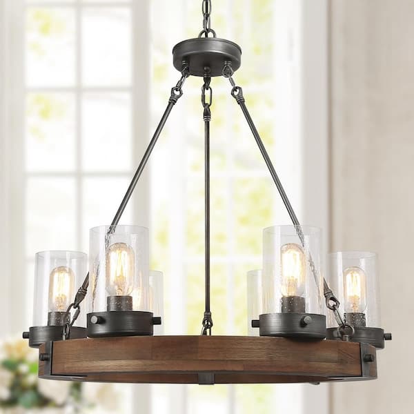 LNC Wood Round Chandelier 6-Light Bronze and Brushed Silver Wagon Wheel Farmhouse Chandelier for Foyer with Seeded Glass