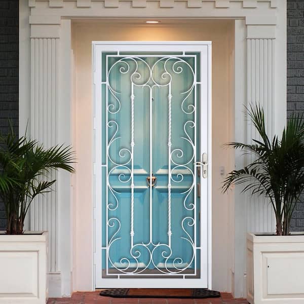 Palermo 36 in. x 80 in. White Full View Wrought Iron Security Storm Door with Reversible Hinging