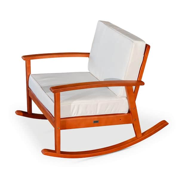 Zeus & Ruta Natural Oil Finish Eucalyptus Wood Outdoor Rocking Chair with Cream Cushion for Garden, Patio, Poolside, Backyard