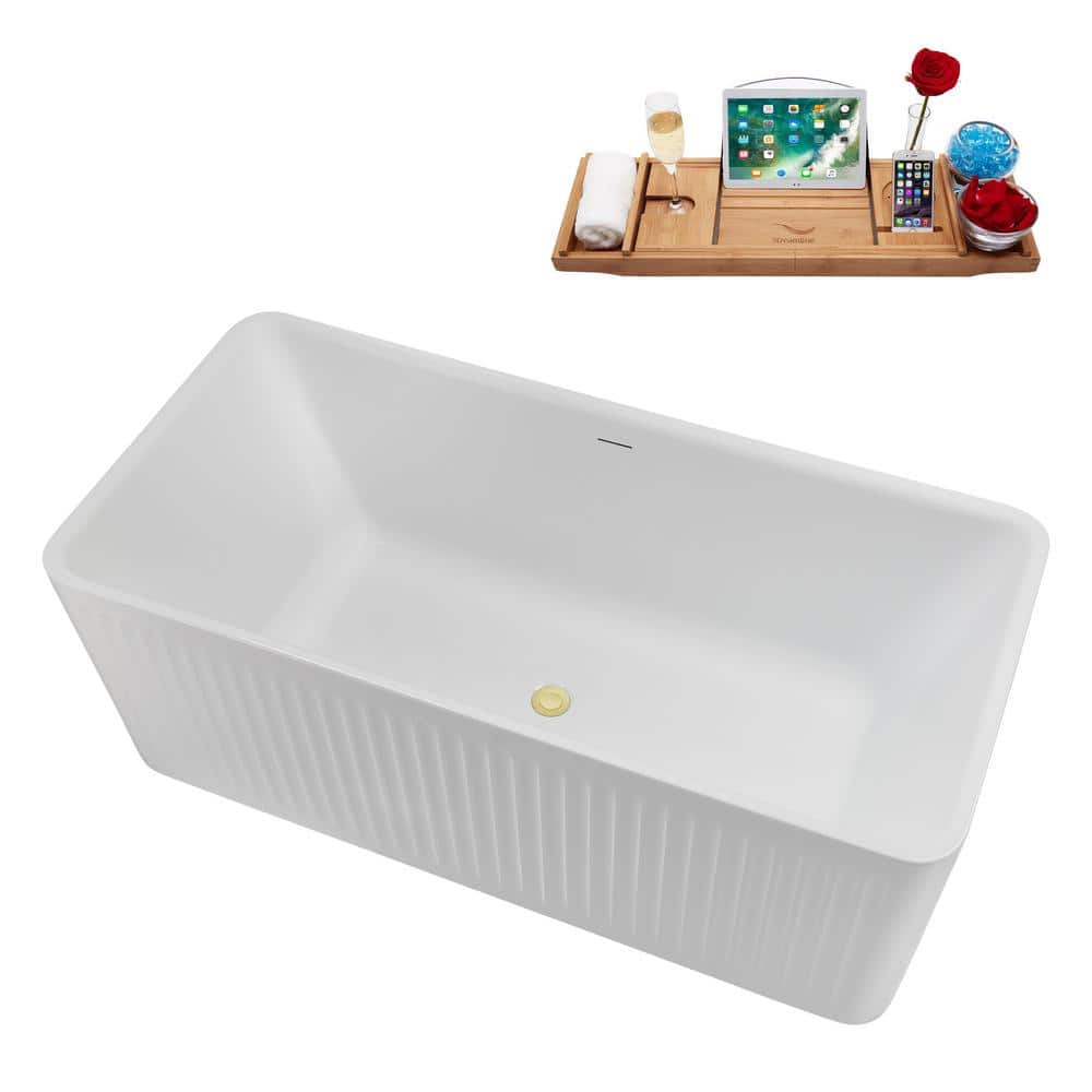 59" White Acrylic Freestanding Soaking Tub with Tray