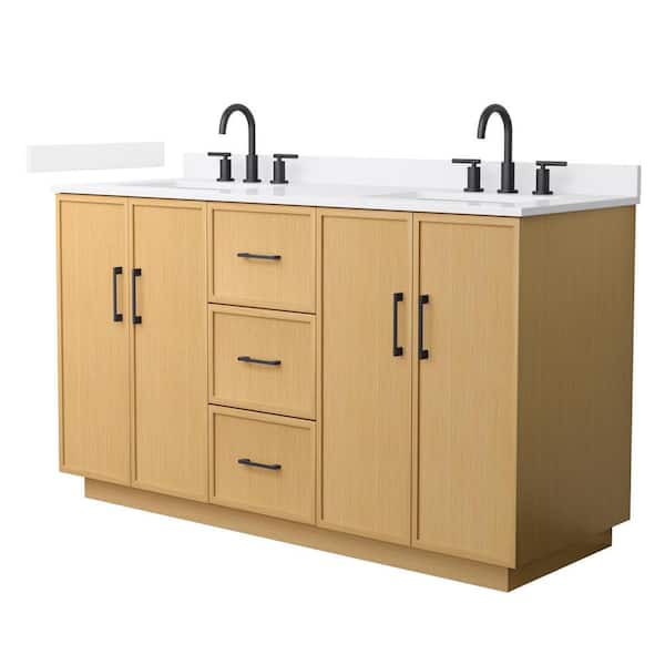 Elan TK 60 in. Double Freestanding Light Oak Bath Vanity with White Quartz Top (Assembled)