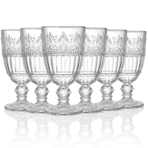 6-Piece 12 oz. Vintage Wine Embossed Glass Goblet Set for Party, Bar, Champagne, Juice, Beer, Cocktail