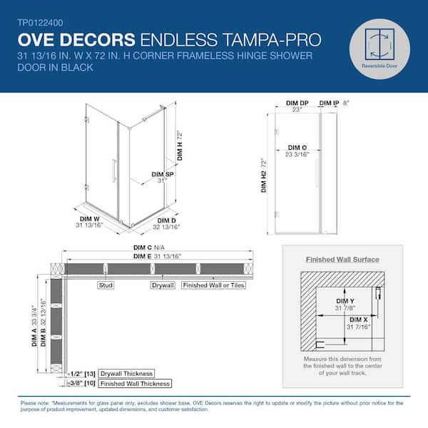 OVE Decors Endless TP0213100 Tampa-Pro, Corner Frameless Hinge Shower Door,  35 13/16 in. W x 72 in. H, in Chrome