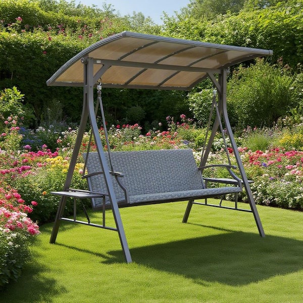Unbranded Gray 3-Person Metal Patio Swing with Adjustable Polycarbonate Hardtop and Side Table
