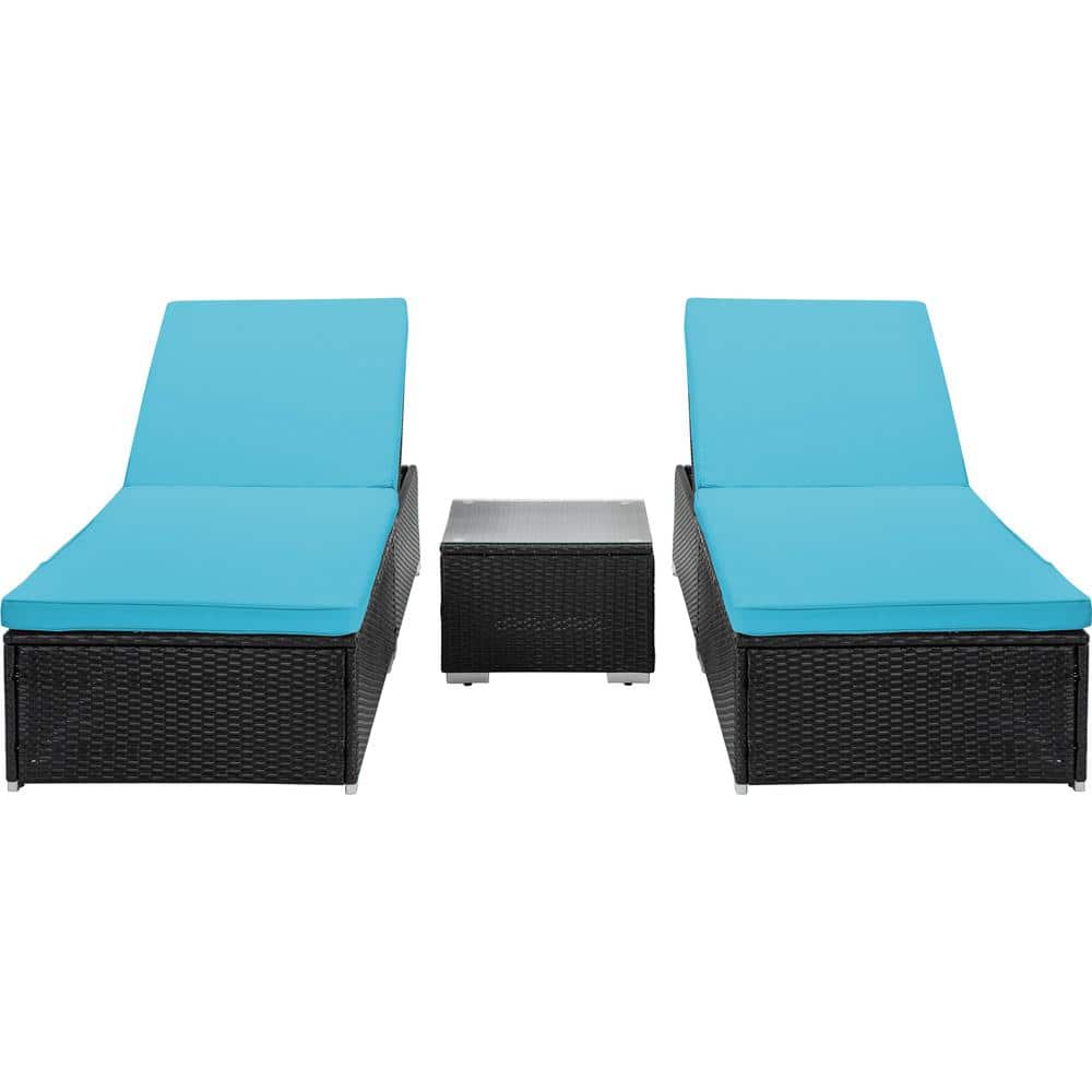 2-Piece Wicker Outdoor Chaise Lounge with Blue Cushions