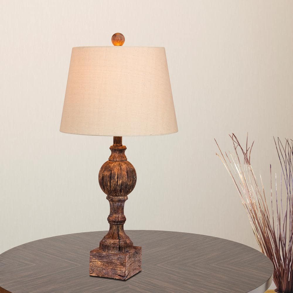 Antique Brown Sculpted Resin Table Lamps with Oatmeal Shades, Set of 2