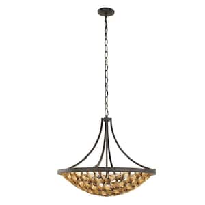 Ventura 28 in. W x 25.5 in. H 6-Light Matte Black and Gold Hanging Pendant Light with Raindrop-Shaped Metalwork Shade