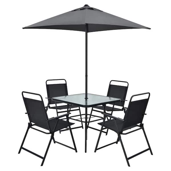 Costway 6-Pieces Patio Metal Furniture Outdoor Dining Set Folding Chairs Glass Table with Umbrella Deck Grey