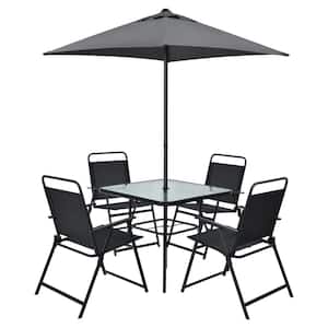 6-Pieces Patio Metal Furniture Outdoor Dining Set Folding Chairs Glass Table with Umbrella Deck Grey