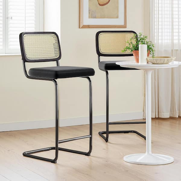Black Upholstered Velvet 30 in. Height Bar Stool with Rattan Back (Set of 2)