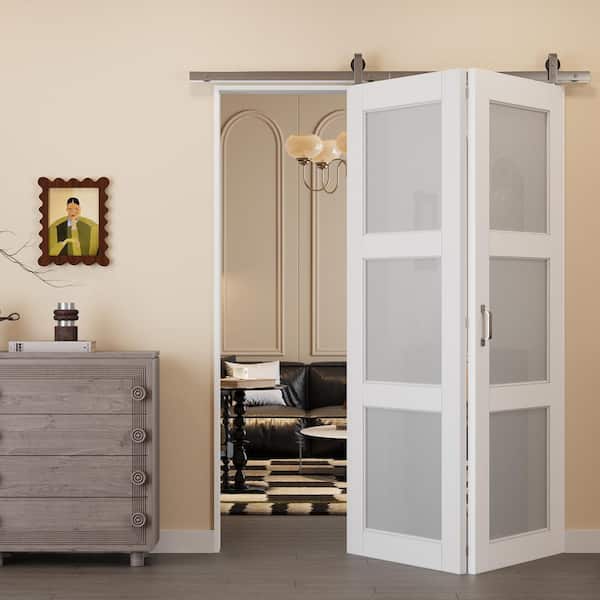 ARK DESIGN 60 in. x 80 in. 3-Lite Tempered Frosted Glass White Primed Glass Bifold Sliding Barn Door with Hardware Kit