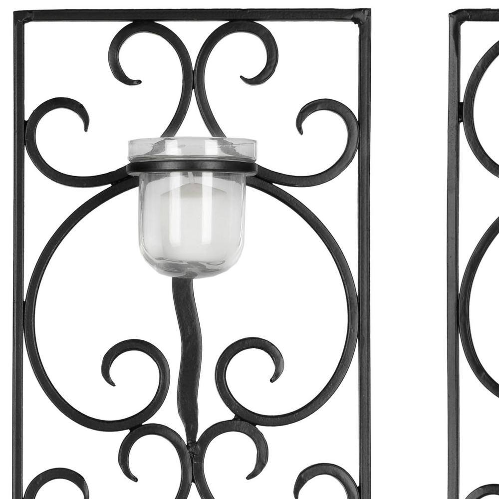 Black Iron and Glass Scrollwork Wall Sconce Set