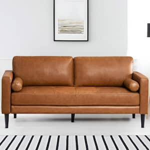 74.5 in. W Square Arm Leather Rectangle Leather Mid-Century Sofa in Tan Brown for Living Room