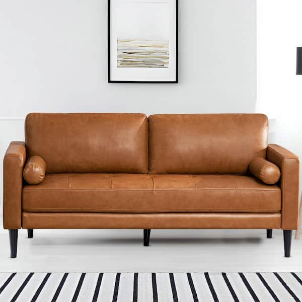 HOMESTOCK 74.5 in. W Rectangle Arm Leather Straight Leather Mid Century Sofa in Tan Brown 99736 W