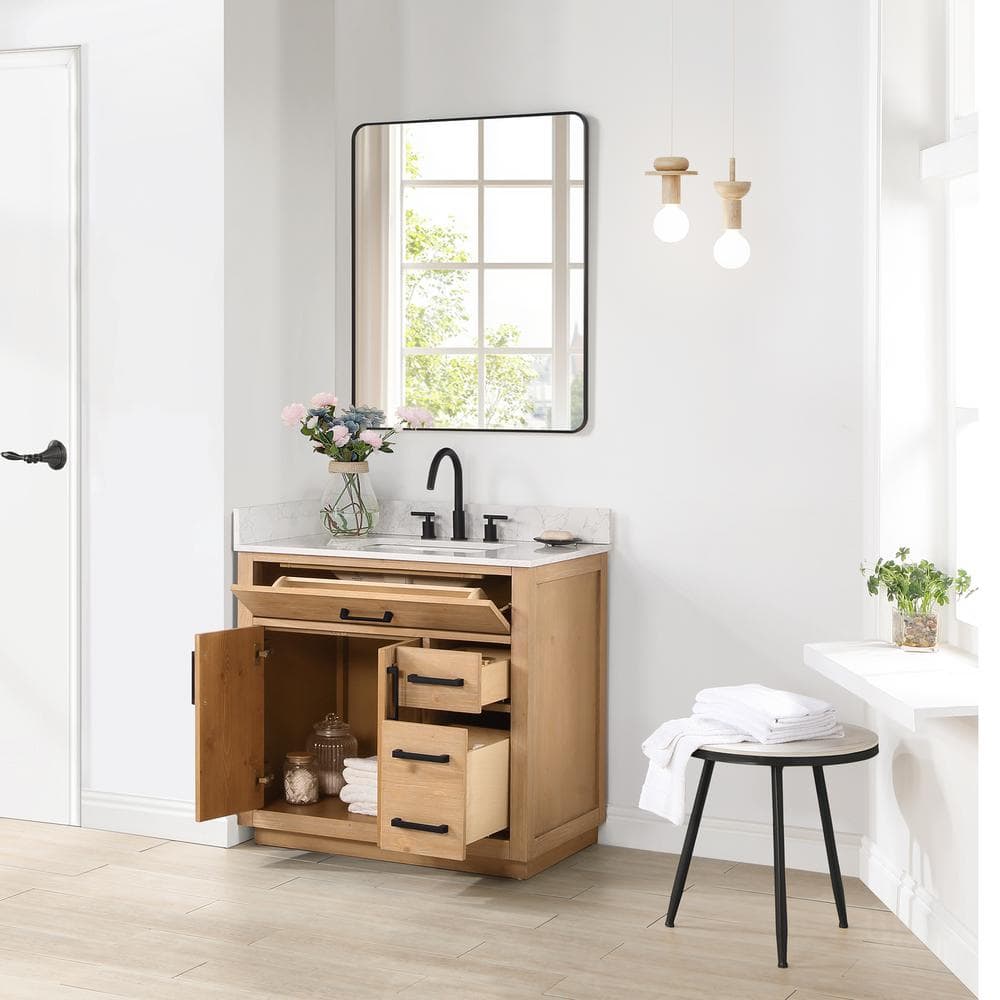 Gavino 36" Light Brown Wood Vanity with Composite Stone Top and Mirror