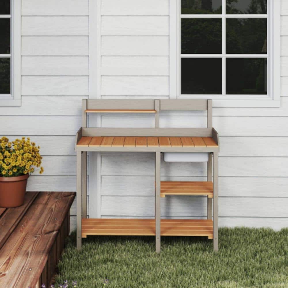 Outdoor Potting Table Work Bench, Wooden Workstation Table with Cabinet for