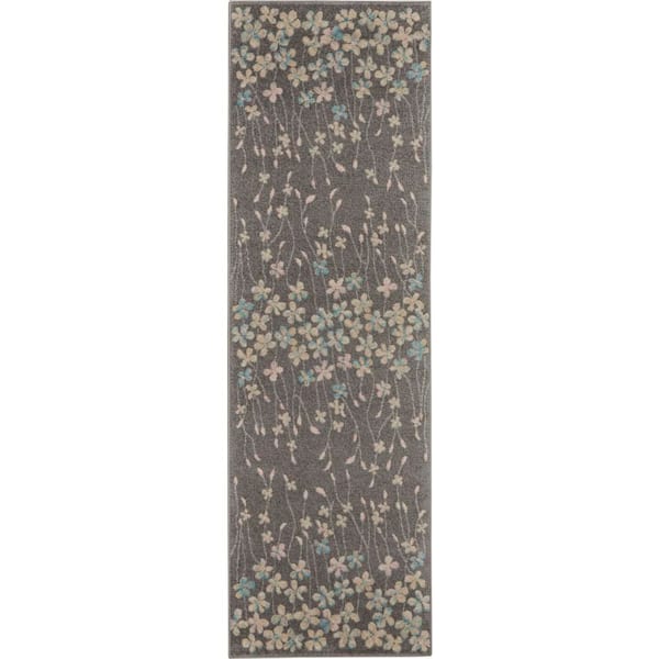 Tranquil Grey/Beige 2 ft. x 7 ft. Floral Modern Kitchen Runner Area Rug