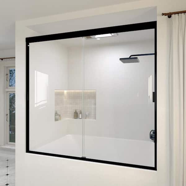 Wish 60 in. W x 56 in. H Sliding Bath Tub Door in Semi Frameless in Matte Black with Clear Glass