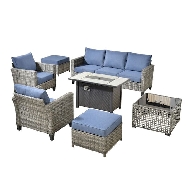 Scarlet 7-Piece Wicker Outdoor Fire Pit Patio Conversation Sofa Set with a Solar Lighted Table and Denim Blue Cushions