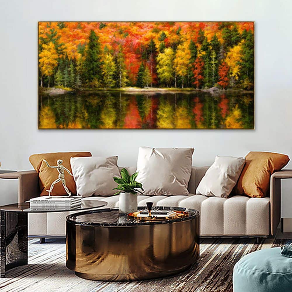 Large Autumn Landscape Abstract Canvas Painting with Gold Frame