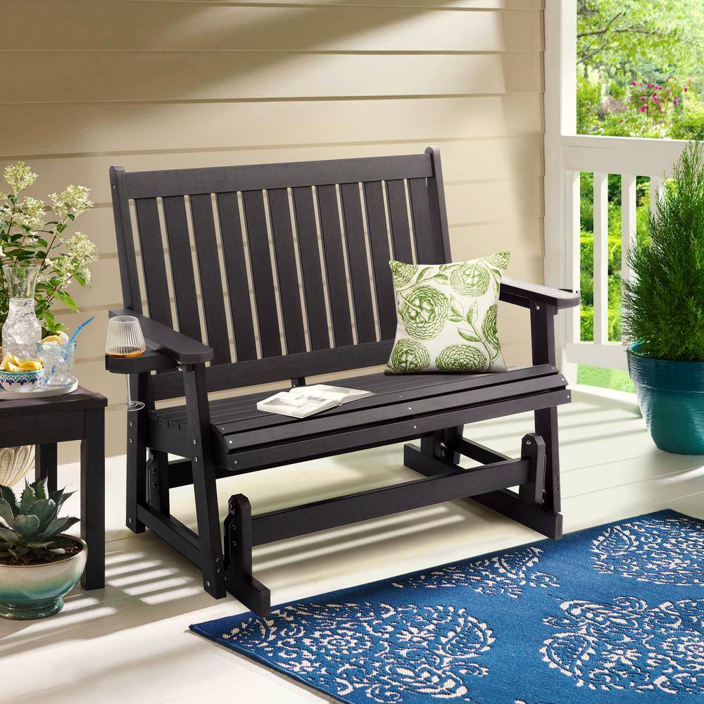 Black Composite Outdoor Glider with Removable Cup Holders