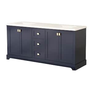 72 in. Bathroom Vanity Cabinet, 3-Drawers and 2-Double Door Cabinets with Sink, Marble Countertop, Navy Blue