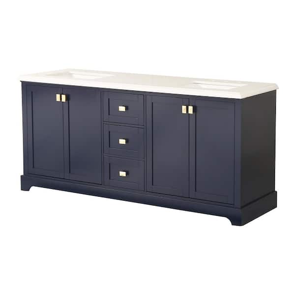 FUNKOL 72 in. Bathroom Vanity Cabinet, 3-Drawers and 2-Double Door Cabinets with Sink, Marble Countertop, Navy Blue