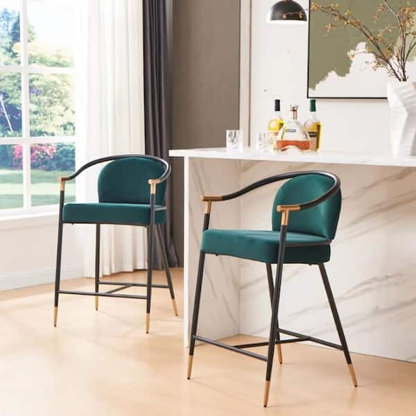 Brellix 26 in. Modern Upholstered Counter Stools with Metal Frame, Green + Black + Gold, Set of 2