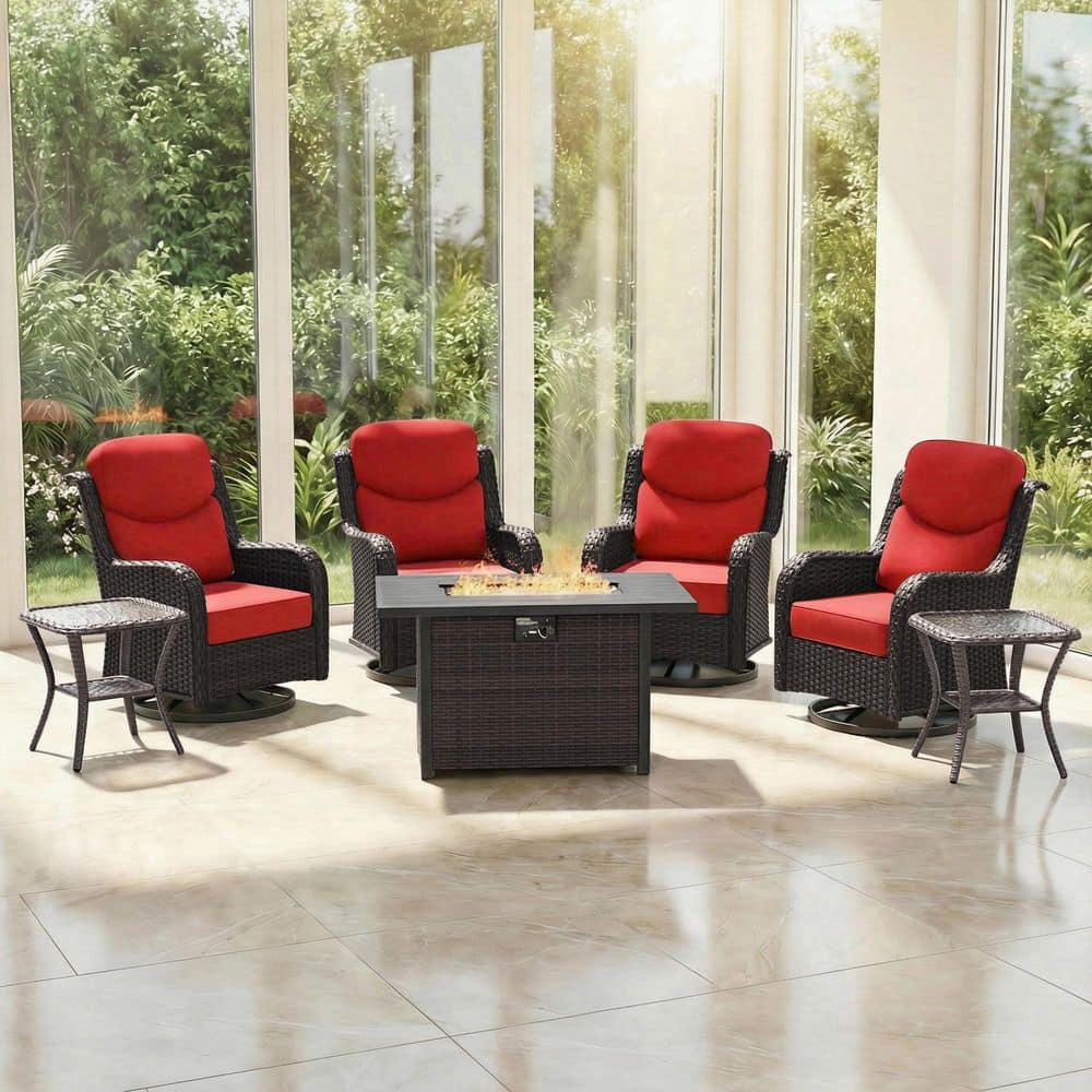 7-Piece Wicker Patio Conversation Set Swivel Glider Chair and Rectangular Fire Pit Table with Red Cushions price history on PriceWatchPro