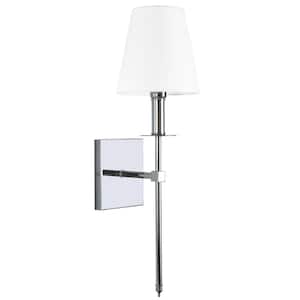 1-Light Polished Chrome Wall Sconce with White Fabric Shade