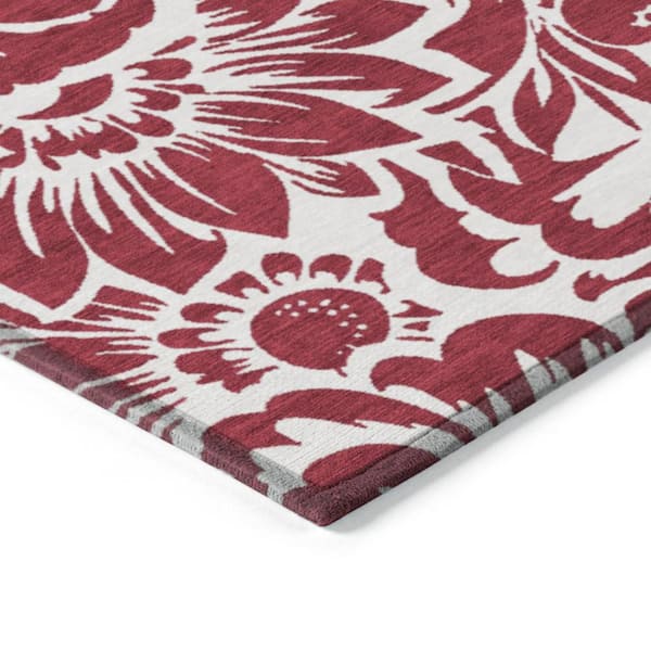 Burgundy and White 2 ft. x 3 ft. Woven Floral Rectangle Indoor/Outdoor Area Rug