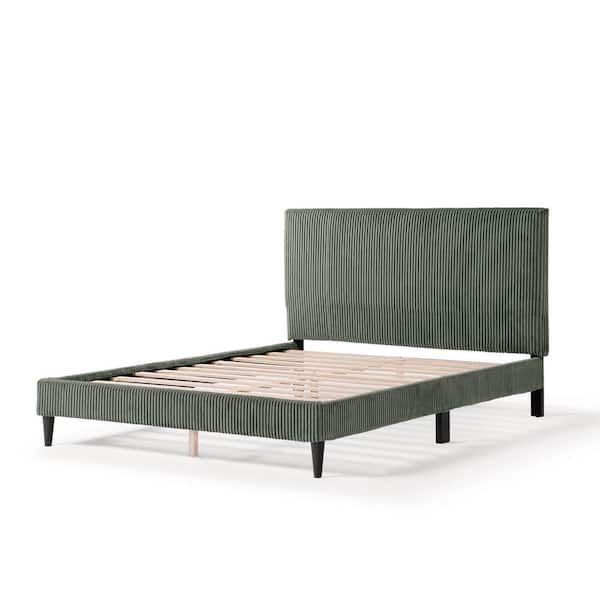 Claude Green Wood Frame Queen Platform Bed With Removable Corduroy Cover