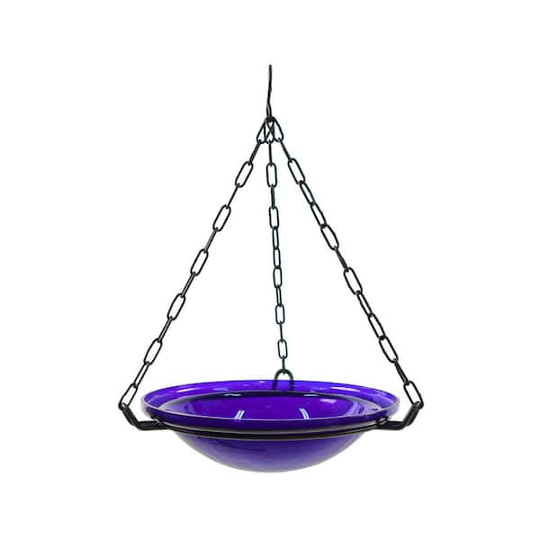 Crackle Glass Hanging Birdbath Bowl 12.5 in. Tall Cobalt Blue