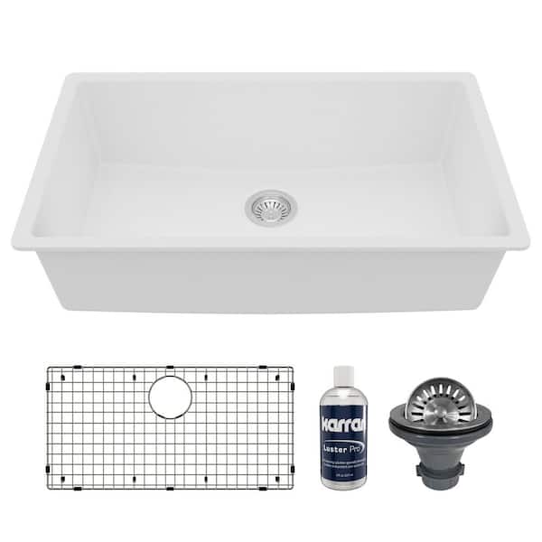 32.5 in. Large Single Bowl Undermount Kitchen Sink in White with Bottom Grid and Strainer