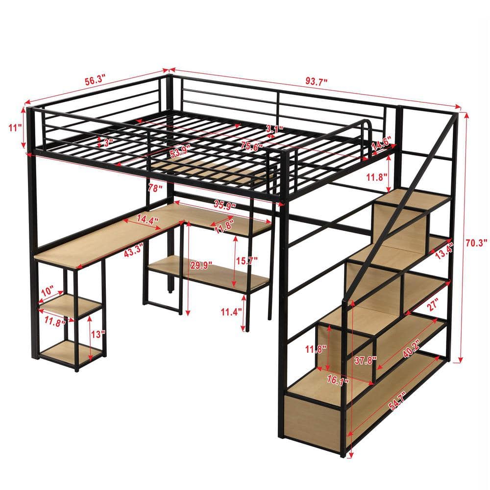 Full Size Black Metal Loft Bed with Desk and Storage Shelves