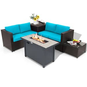 5-Piece Patio Rattan Furniture Set Fire Pit Table w/Cover StorageTurquoise Cushion