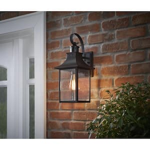 Edgehill 16.25 in. 1-Light Matte Black Hardwired Outdoor Wall Light Lantern Sconce with Clear Seeded Glass