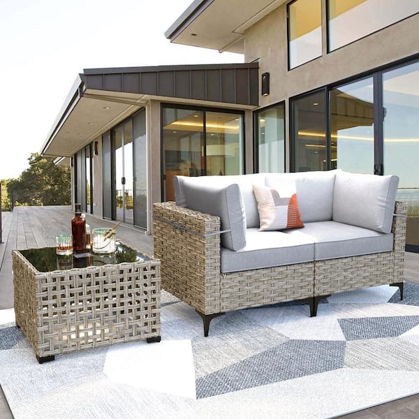 XIZZI Apollo 3-Piece Wicker Outdoor Patio Conversation Seating Set with Light Gray Cushions