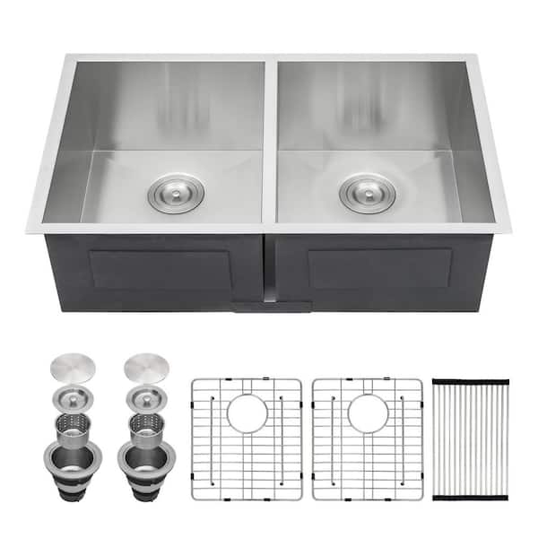 33 in. Undermount 16-Gauge Double Bowl Stainless Steel Kitchen Sink with Bottom Grids, Rolling-Up Rack and Strainer