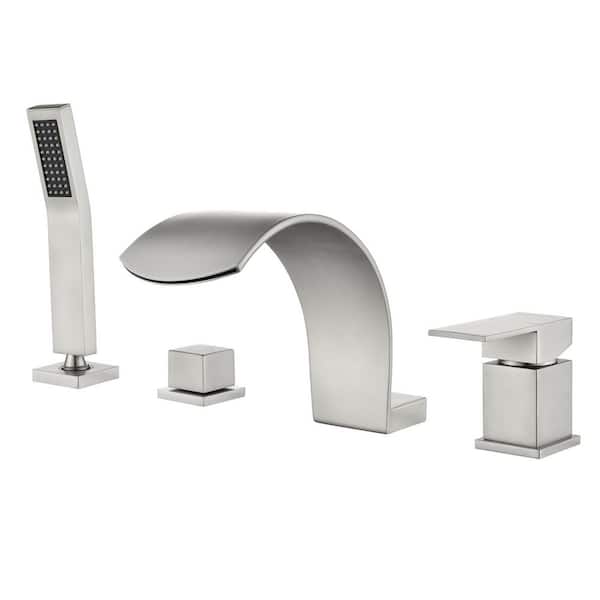 2-Handle Tub Deck Mounted Roman Tub Faucet with Hand Shower, Stainless Steel High Arc Tub Facuet in Brushed Nickel