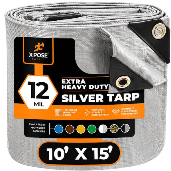XPOSE SAFETY Heavy-Duty Silver Poly Tarp 10 ft. x 15 ft. Multi-Purpose Protective Cover Durable Extra Thick 12 Mil Polyethylene